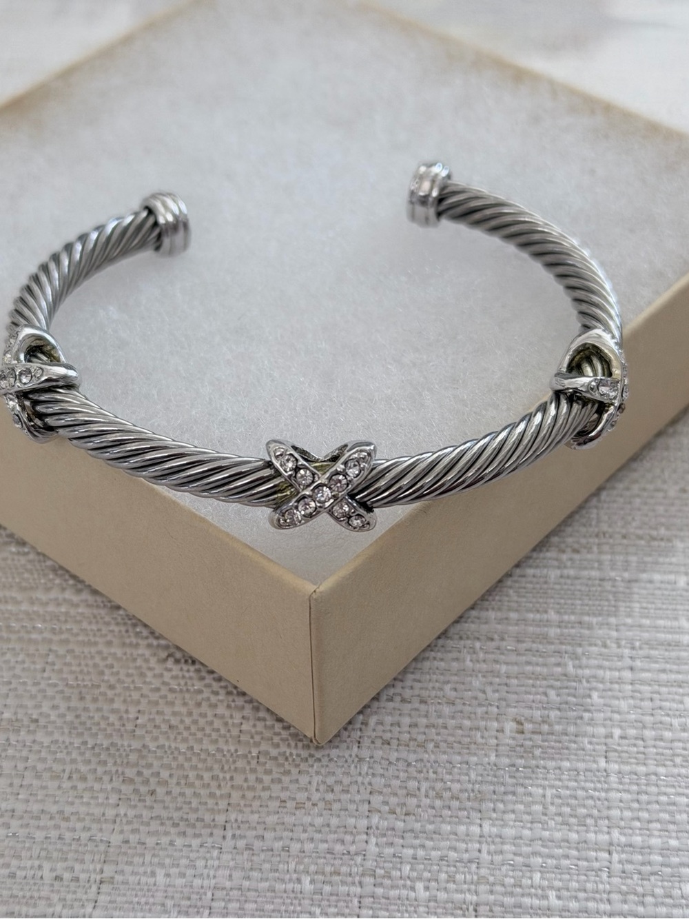 Silver Twist Cable Cuff Bracelet with Rhinestone X Accents